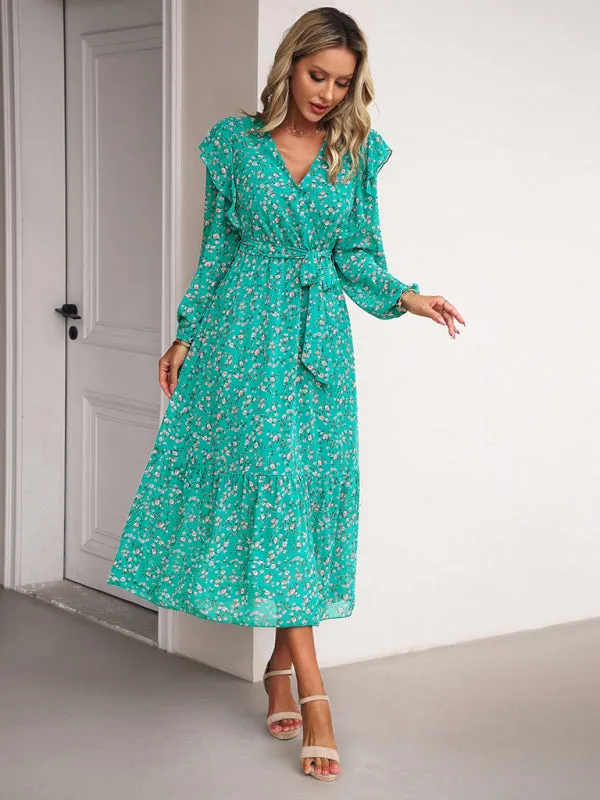 Floral Ruffle Belted Surplice Midi Dress with Long Sleeve