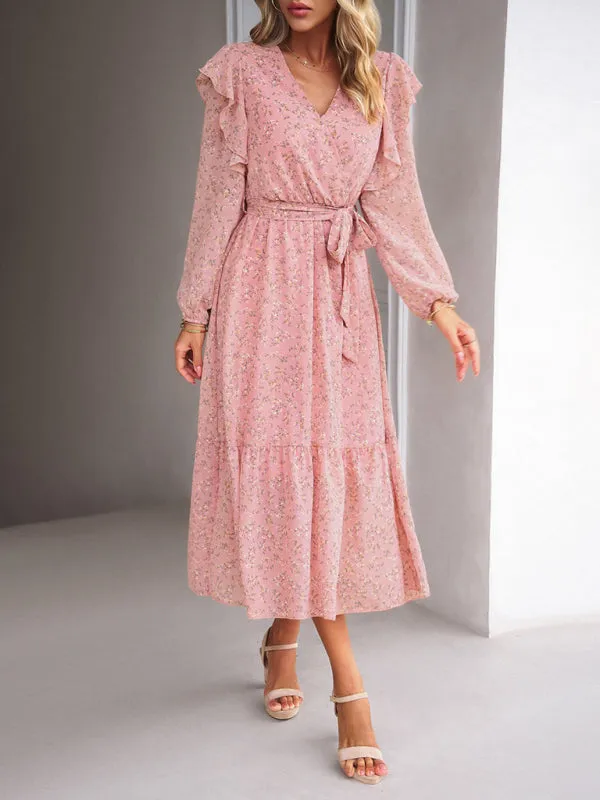 Floral Ruffle Belted Surplice Midi Dress with Long Sleeve