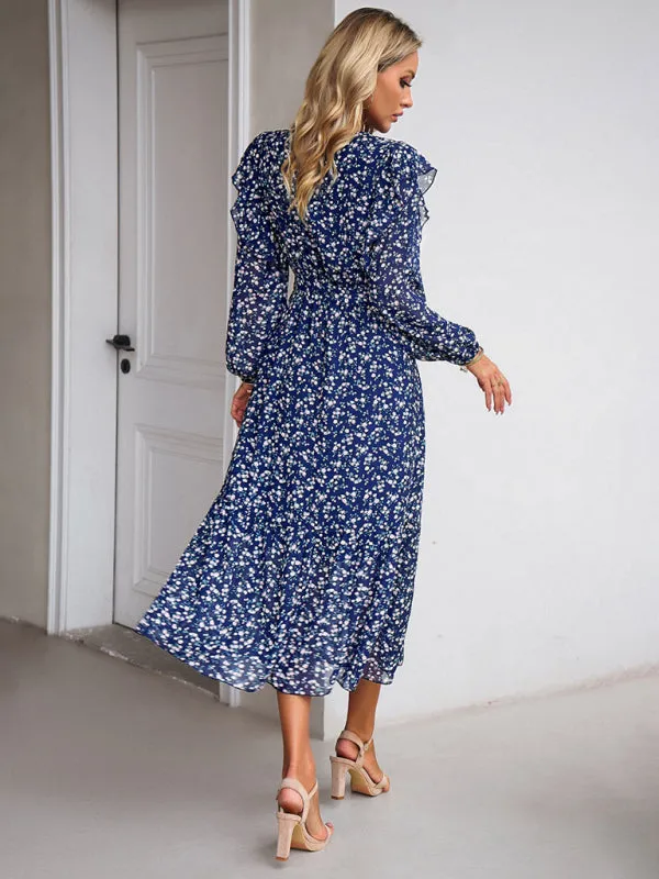 Floral Ruffle Belted Surplice Midi Dress with Long Sleeve