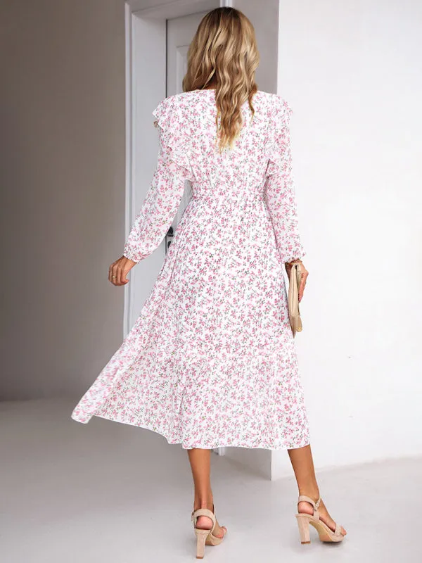 Floral Ruffle Belted Surplice Midi Dress with Long Sleeve