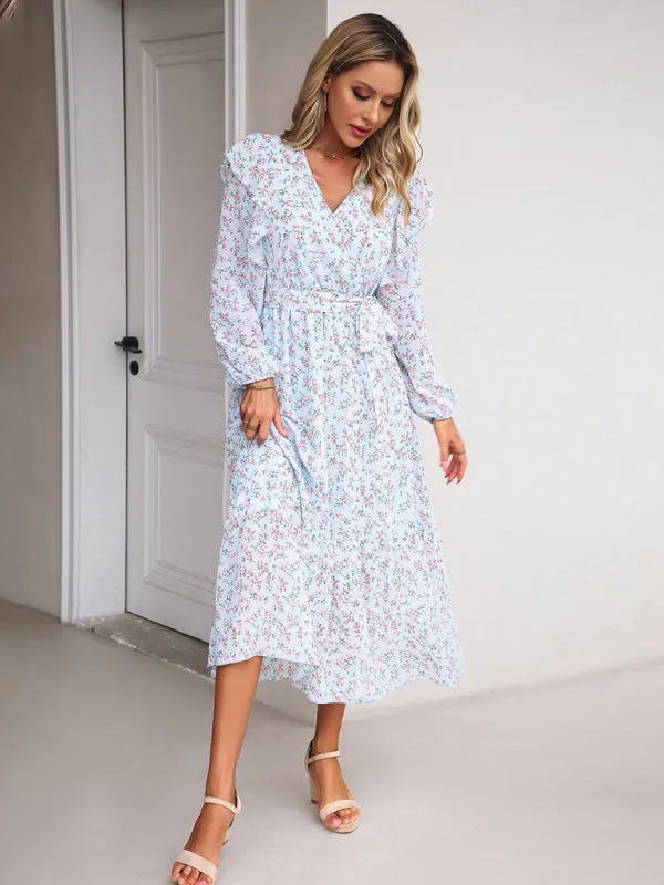 Floral Ruffle Belted Surplice Midi Dress with Long Sleeve