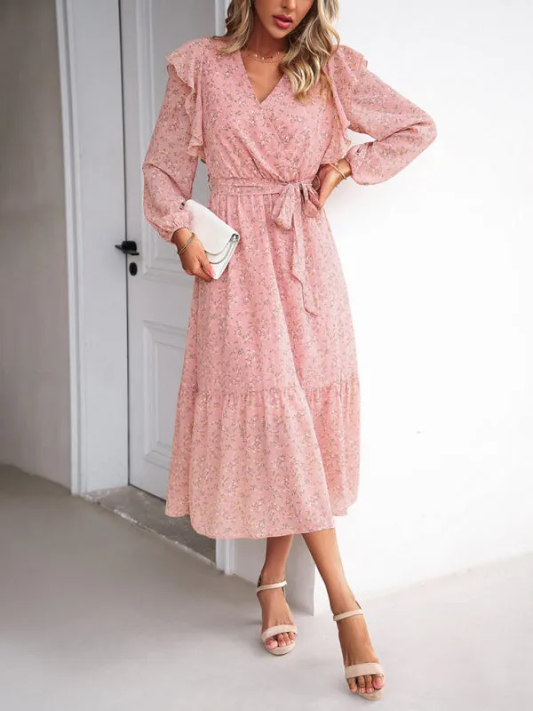 Floral Ruffle Belted Surplice Midi Dress with Long Sleeve