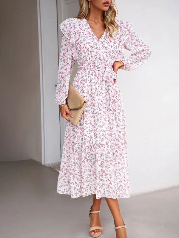 Floral Ruffle Belted Surplice Midi Dress with Long Sleeve