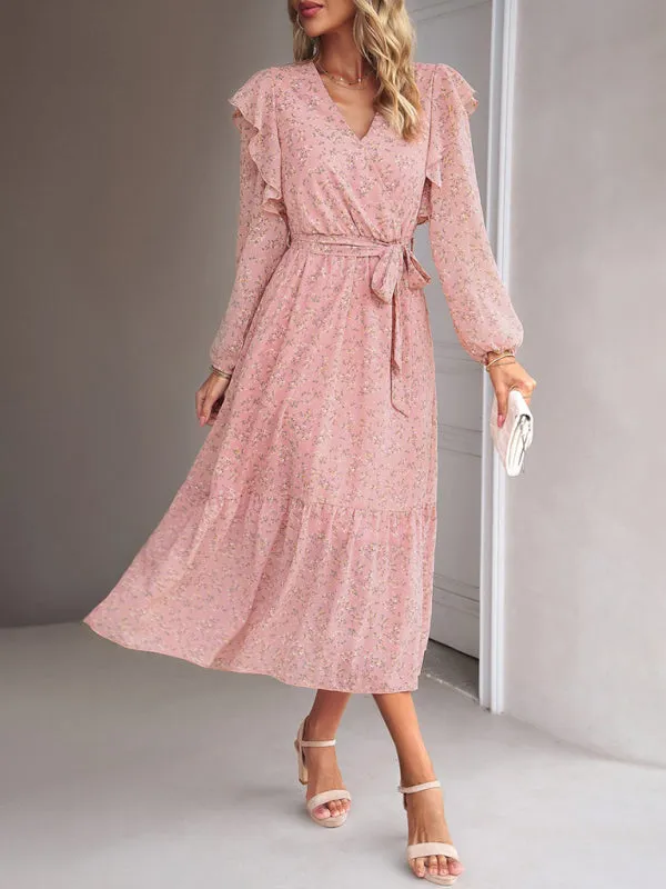 Floral Ruffle Belted Surplice Midi Dress with Long Sleeve