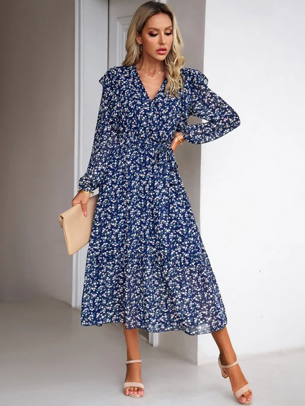 Floral Ruffle Belted Surplice Midi Dress with Long Sleeve