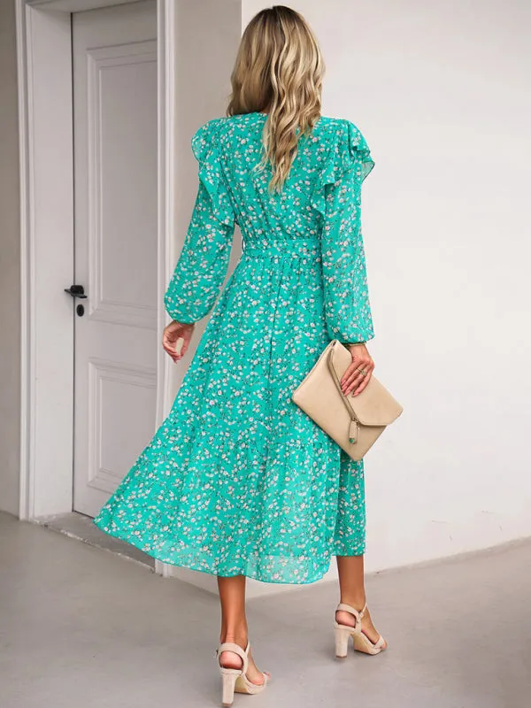 Floral Ruffle Belted Surplice Midi Dress with Long Sleeve