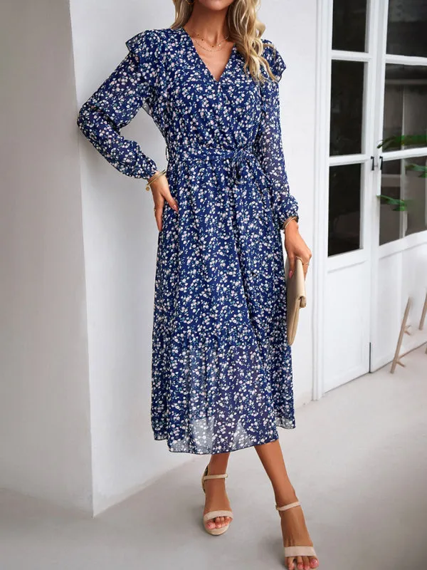 Floral Ruffle Belted Surplice Midi Dress with Long Sleeve