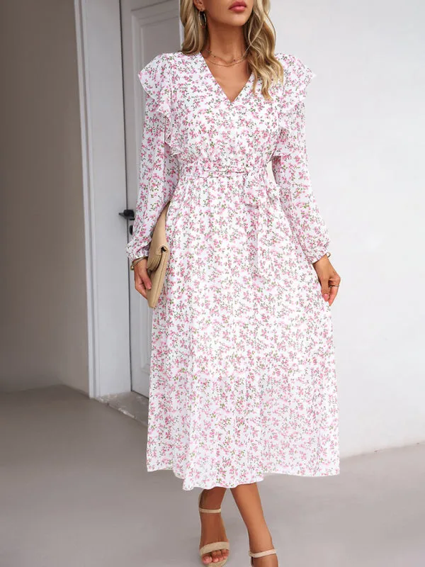 Floral Ruffle Belted Surplice Midi Dress with Long Sleeve