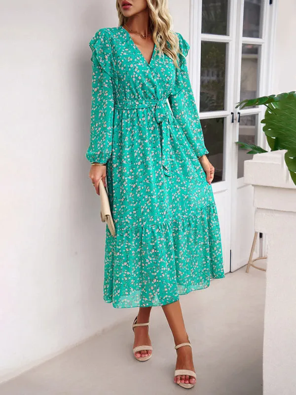 Floral Ruffle Belted Surplice Midi Dress with Long Sleeve