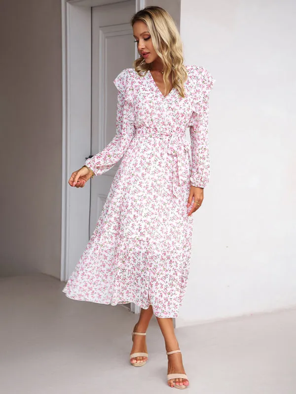 Floral Ruffle Belted Surplice Midi Dress with Long Sleeve