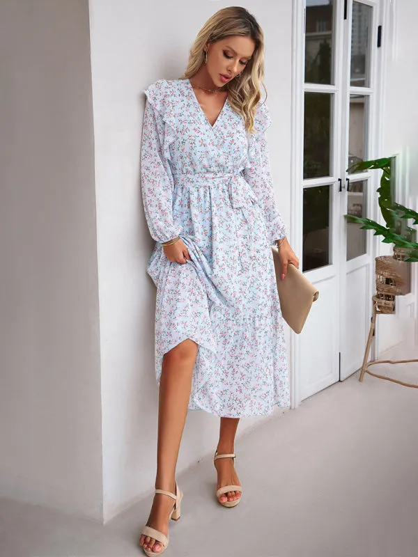 Floral Ruffle Belted Surplice Midi Dress with Long Sleeve