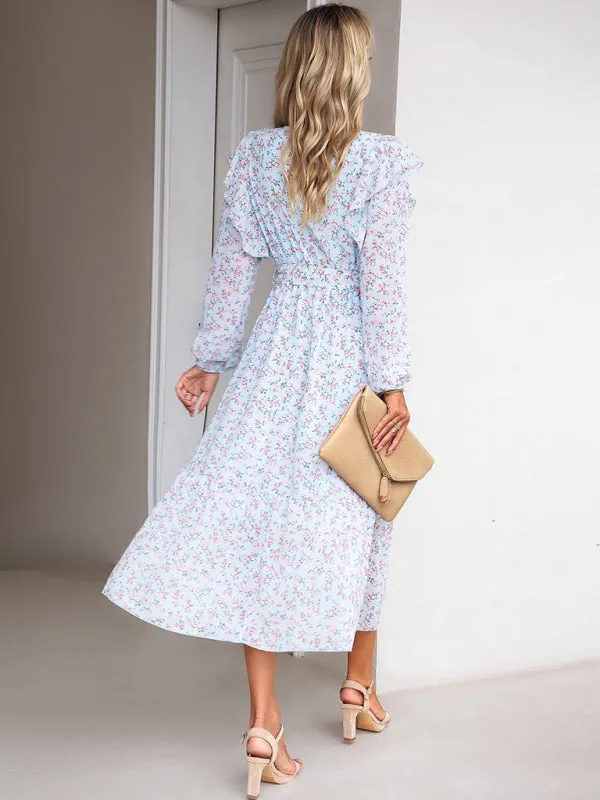 Floral Ruffle Belted Surplice Midi Dress with Long Sleeve