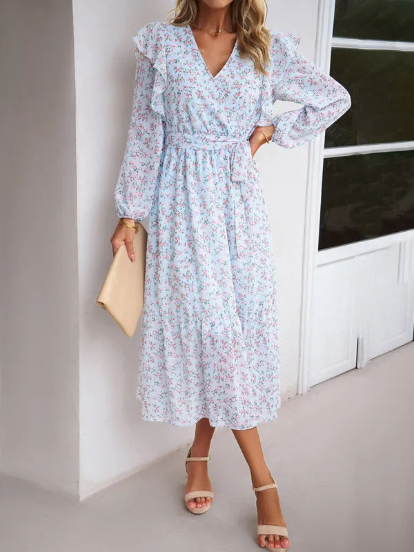 Floral Ruffle Belted Surplice Midi Dress with Long Sleeve