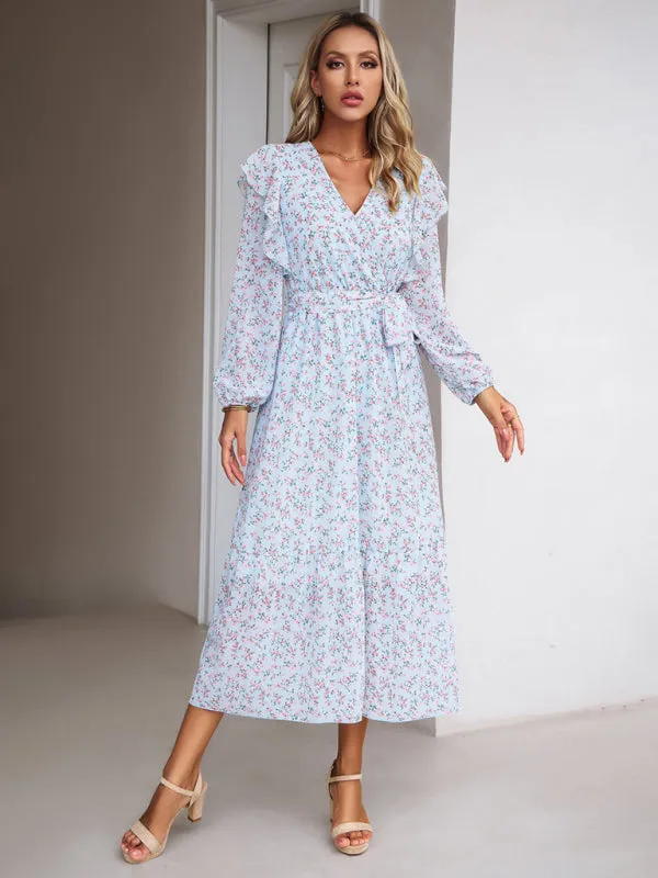 Floral Ruffle Belted Surplice Midi Dress with Long Sleeve