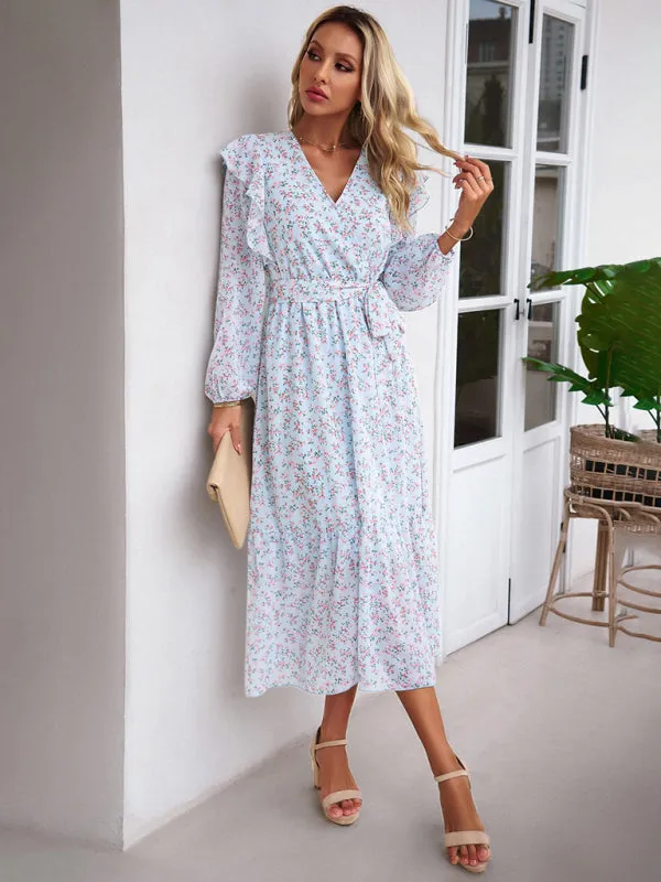 Floral Ruffle Belted Surplice Midi Dress with Long Sleeve