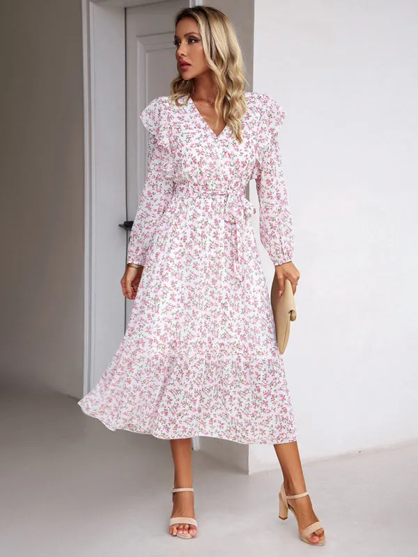 Floral Ruffle Belted Surplice Midi Dress with Long Sleeve