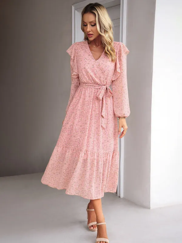 Floral Ruffle Belted Surplice Midi Dress with Long Sleeve