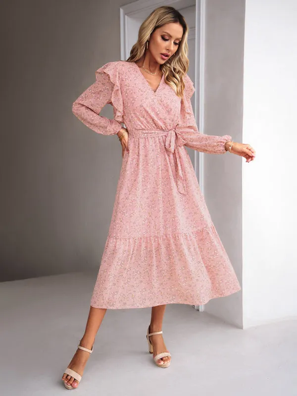 Floral Ruffle Belted Surplice Midi Dress with Long Sleeve