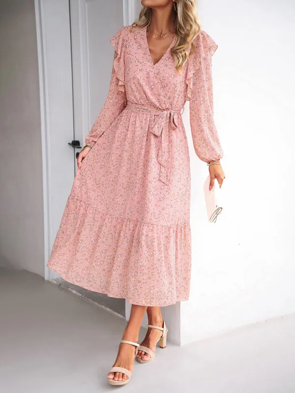 Floral Ruffle Belted Surplice Midi Dress with Long Sleeve