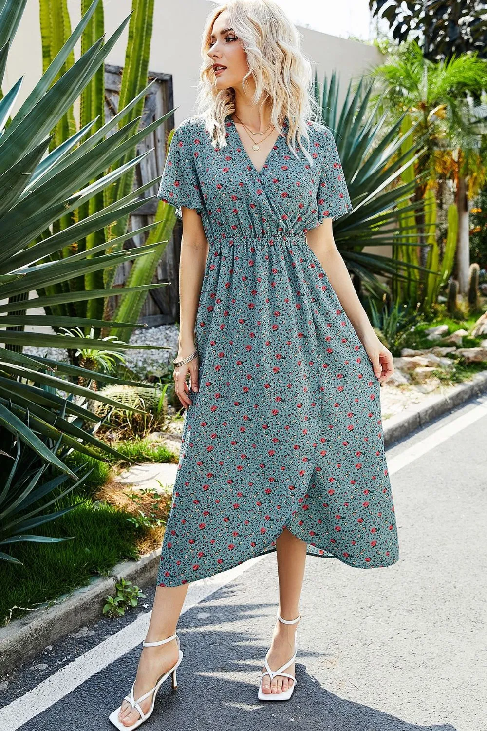 Floral Surplice Wrap Midi Dress