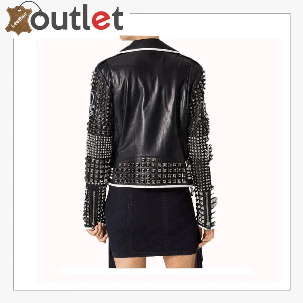 Handmade Women Philip Plein Black Fashion Studded Punk Style Leather Jacket