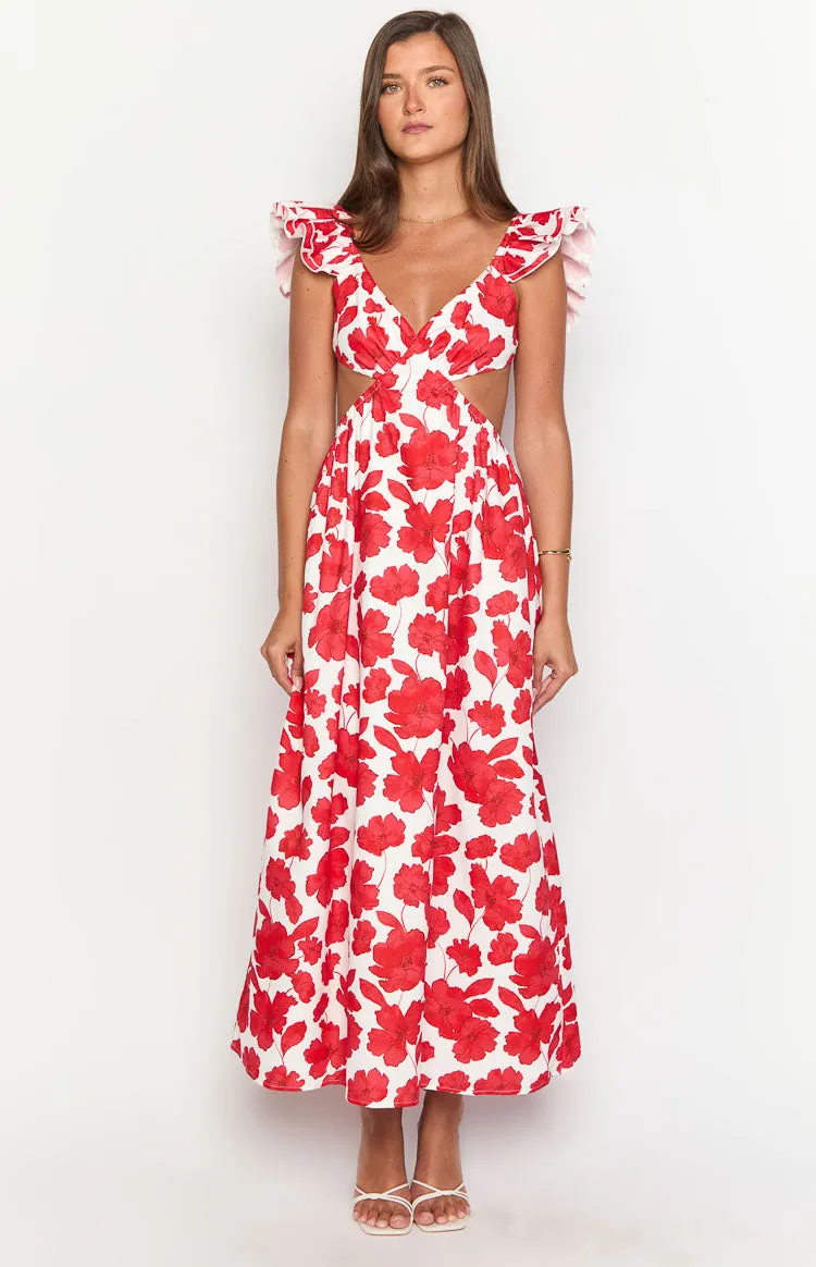 Kaden Red Anemone Floral Print Maxi Dress