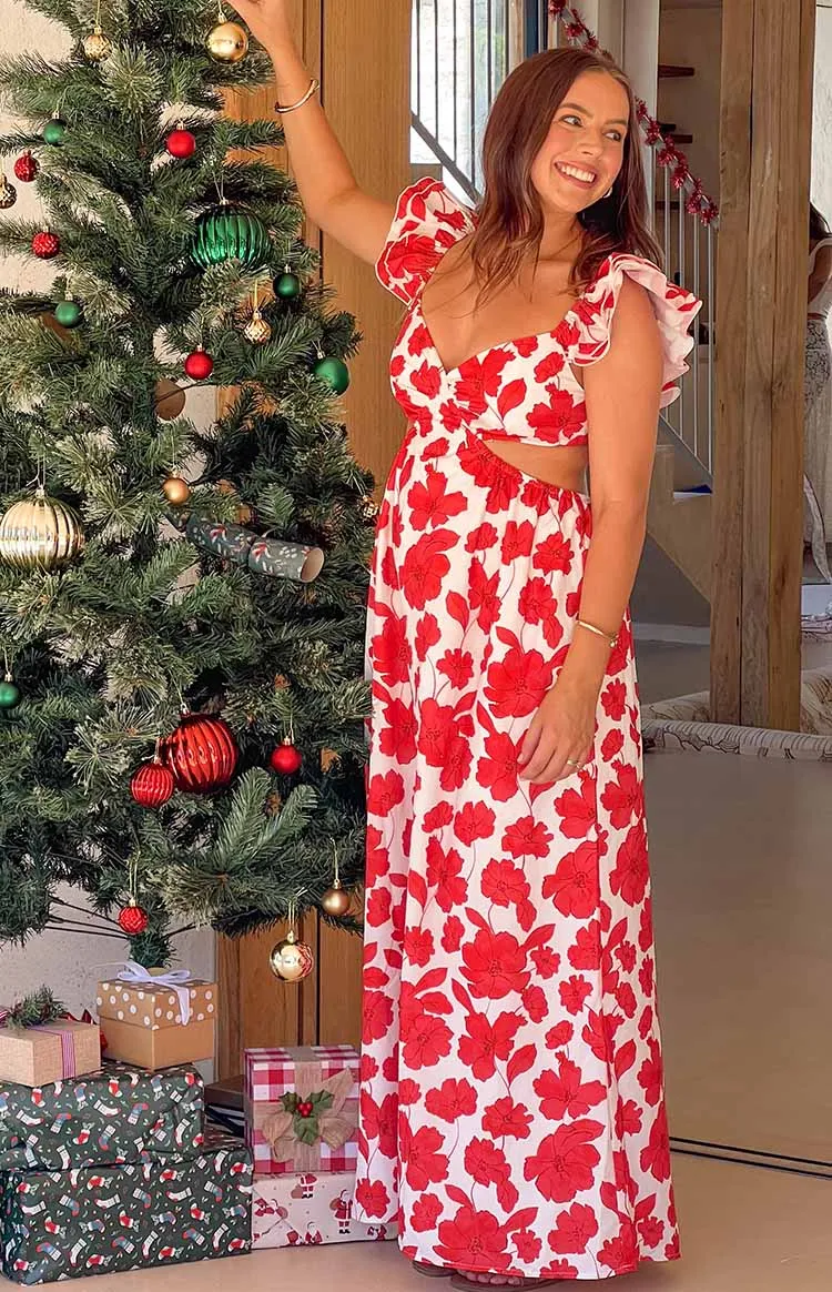 Kaden Red Anemone Floral Print Maxi Dress