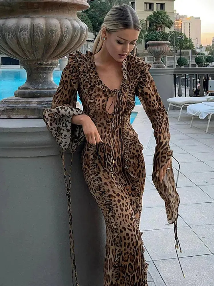 Leopard Print Lace Maxi Dress: Stylish Halter Fashion - Wild Side Chic Statement