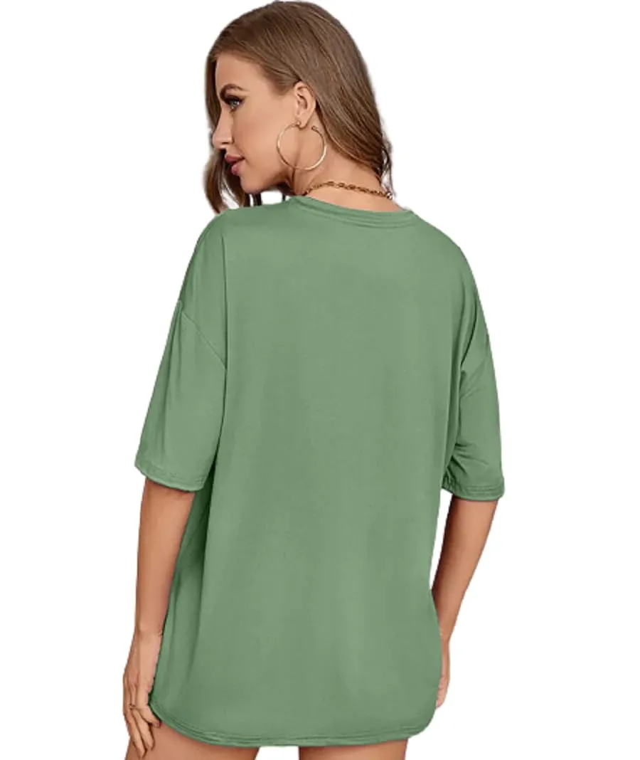 London Hills Cotton Blend Half Sleeve Women Oversized T-Shirts (Color : Green)