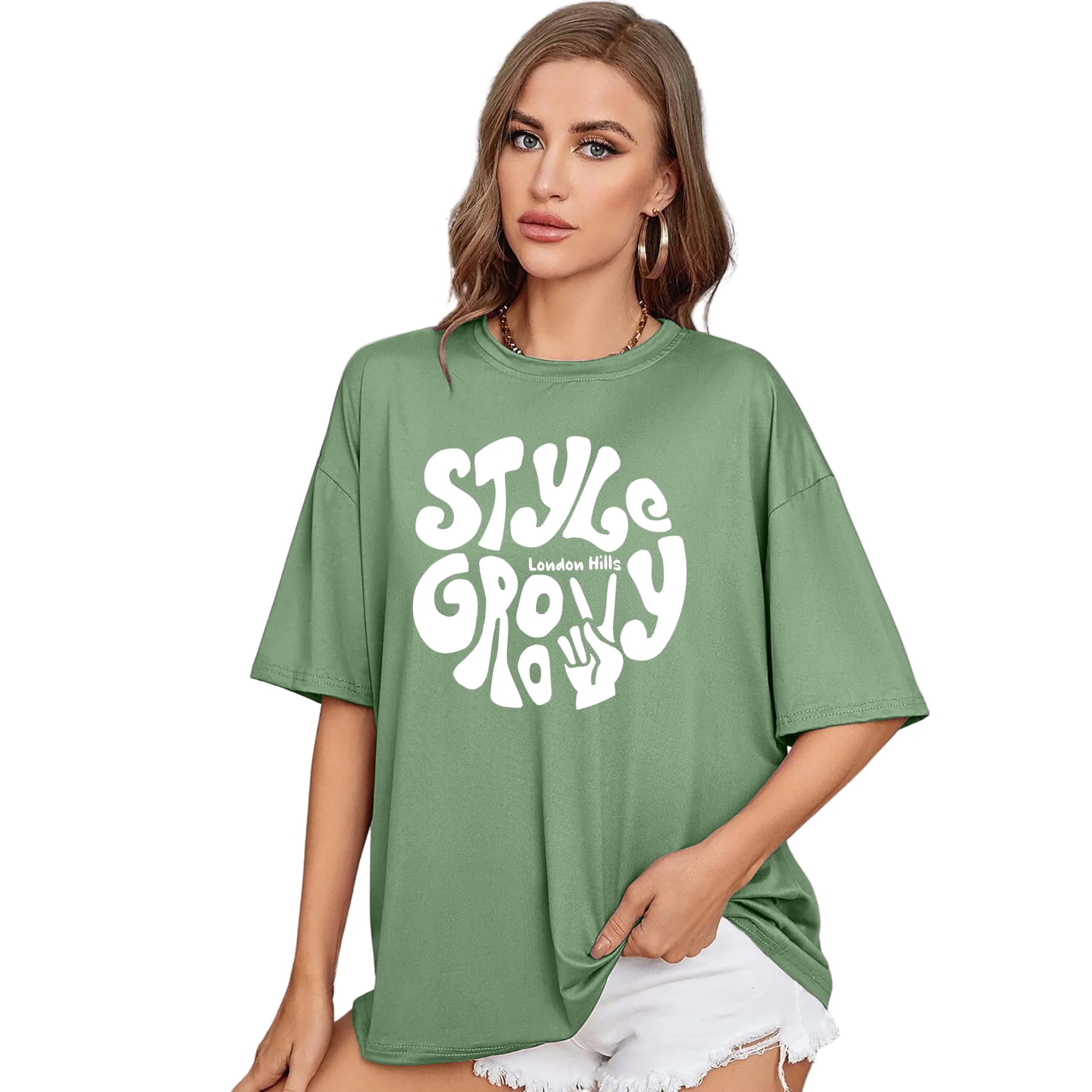 London Hills Cotton Blend Half Sleeve Women Oversized T-Shirts (Color : Green)