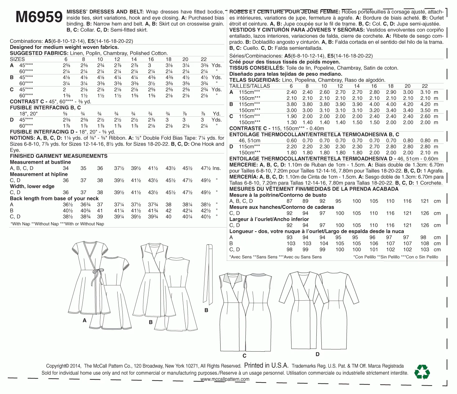 McCall's Pattern M6959 Misses' Dresses and Belt