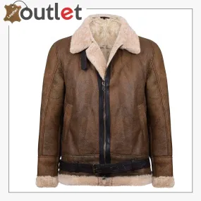 Mens Light Brown B3 Sheepskin Aviator Flying Leather Bomber Jacket