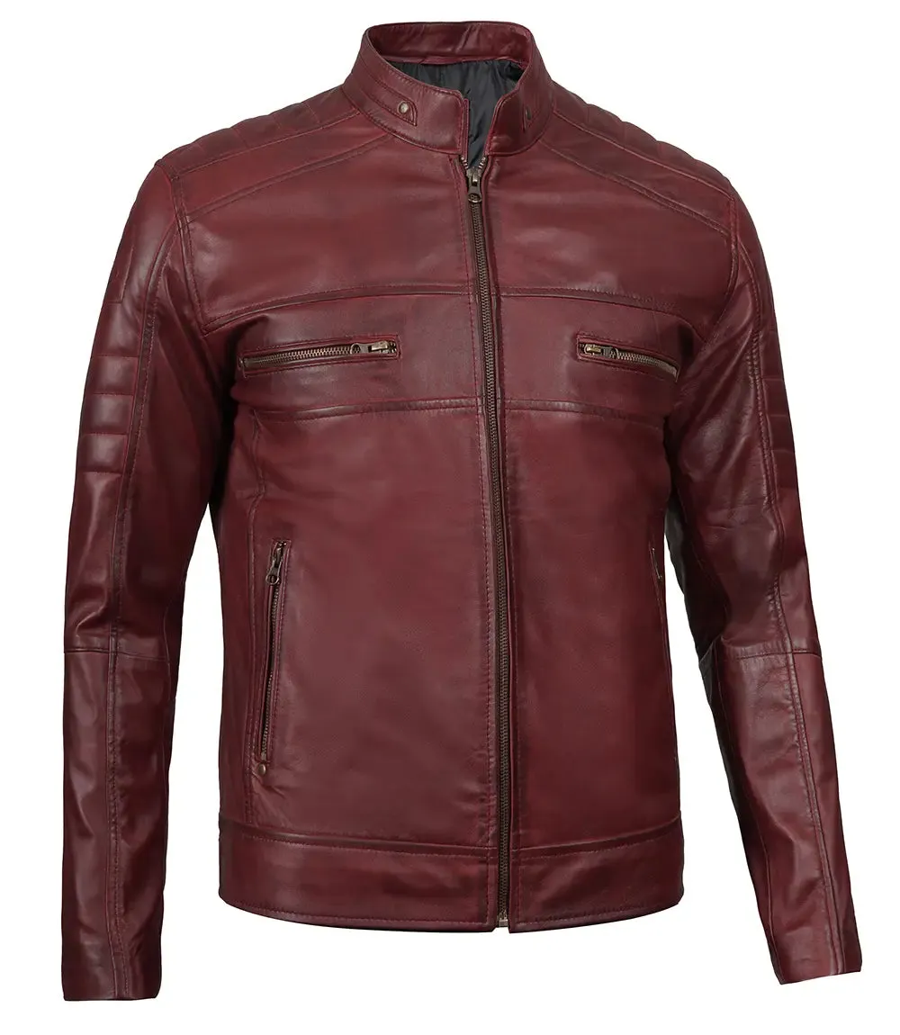 Mens Maroon Cafe Racer Leather Jacket