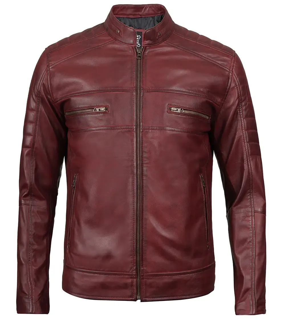 Mens Maroon Cafe Racer Leather Jacket