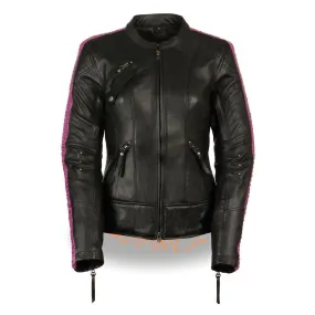 Milwaukee Leather MLL2570 Women's 'Phoenix Embroidered' Black and Fuchsia Pink Leather Motorcycle Jacket