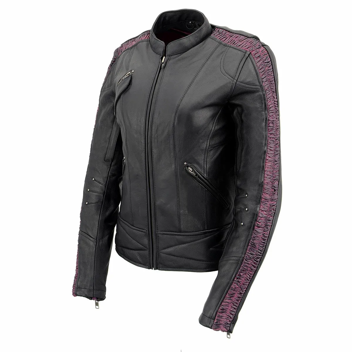 Milwaukee Leather MLL2570 Women's 'Phoenix Embroidered' Black and Fuchsia Pink Leather Motorcycle Jacket