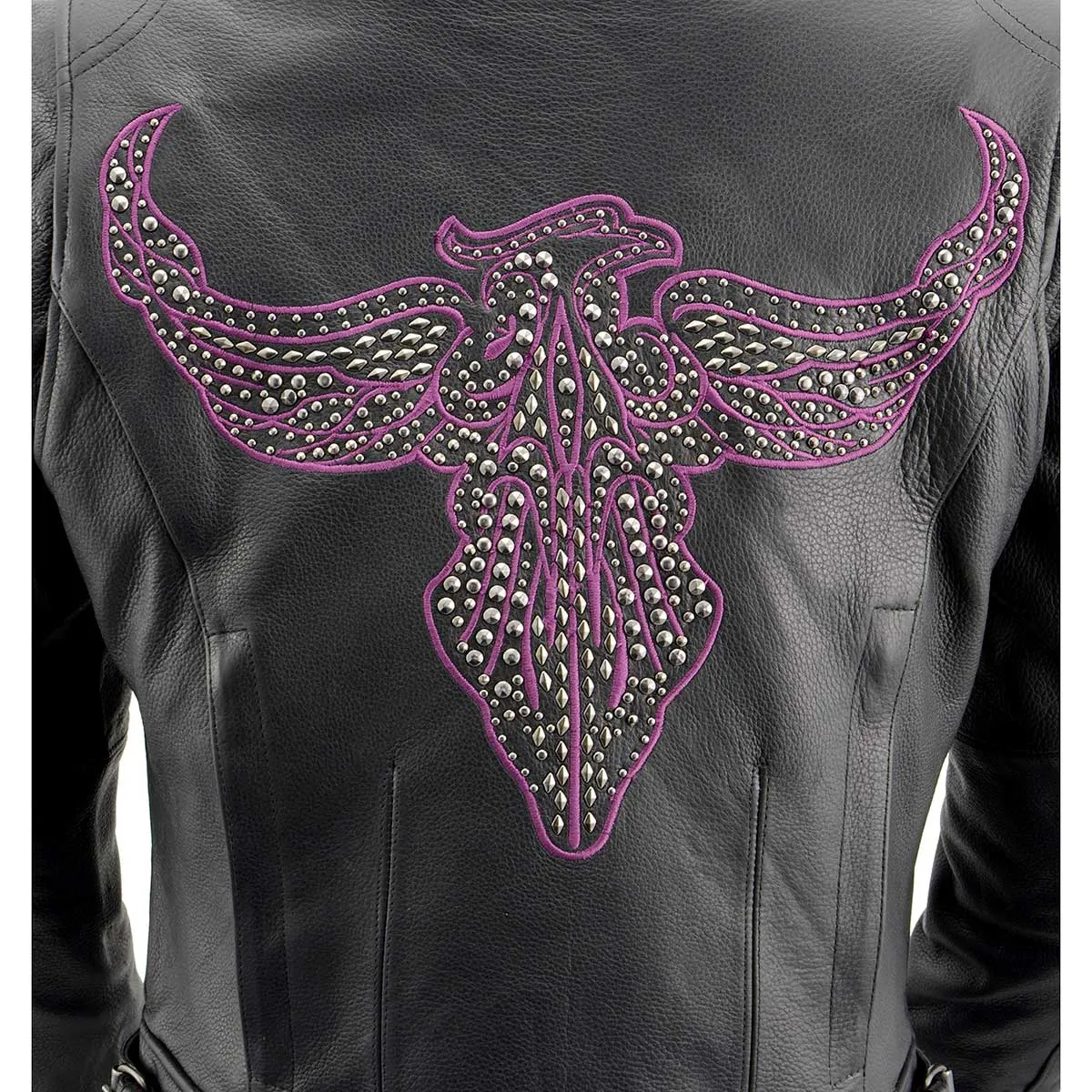 Milwaukee Leather MLL2570 Women's 'Phoenix Embroidered' Black and Fuchsia Pink Leather Motorcycle Jacket