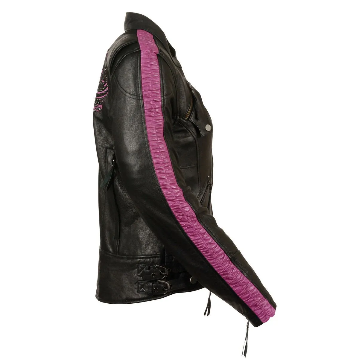 Milwaukee Leather MLL2570 Women's 'Phoenix Embroidered' Black and Fuchsia Pink Leather Motorcycle Jacket