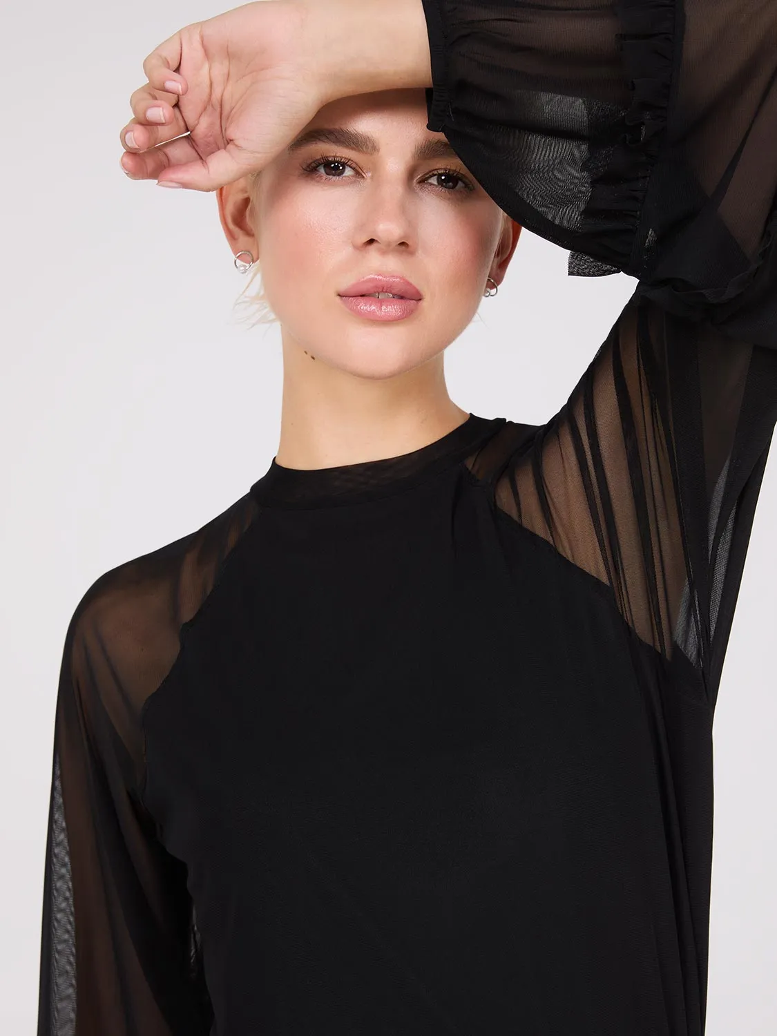 Mock Neck Mesh Top With Ruffle Details