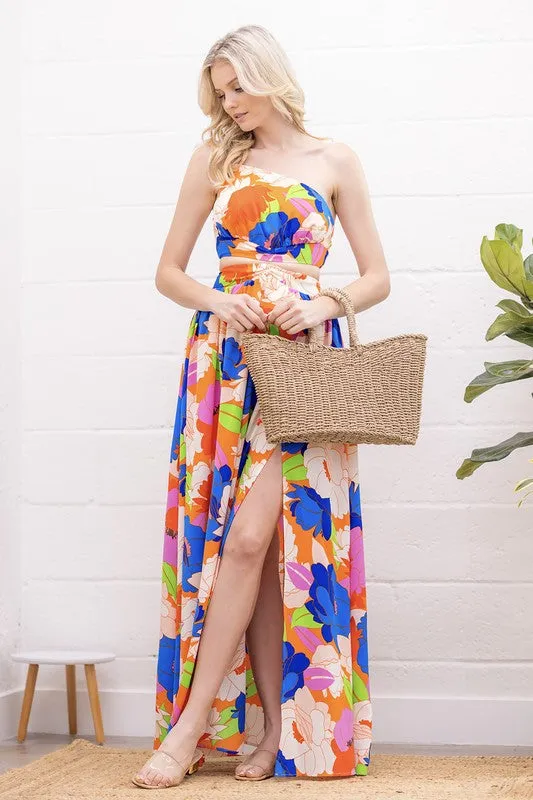 Multi Color Printed One-Shoulder Cut-Out Front Slit Maxi Dress