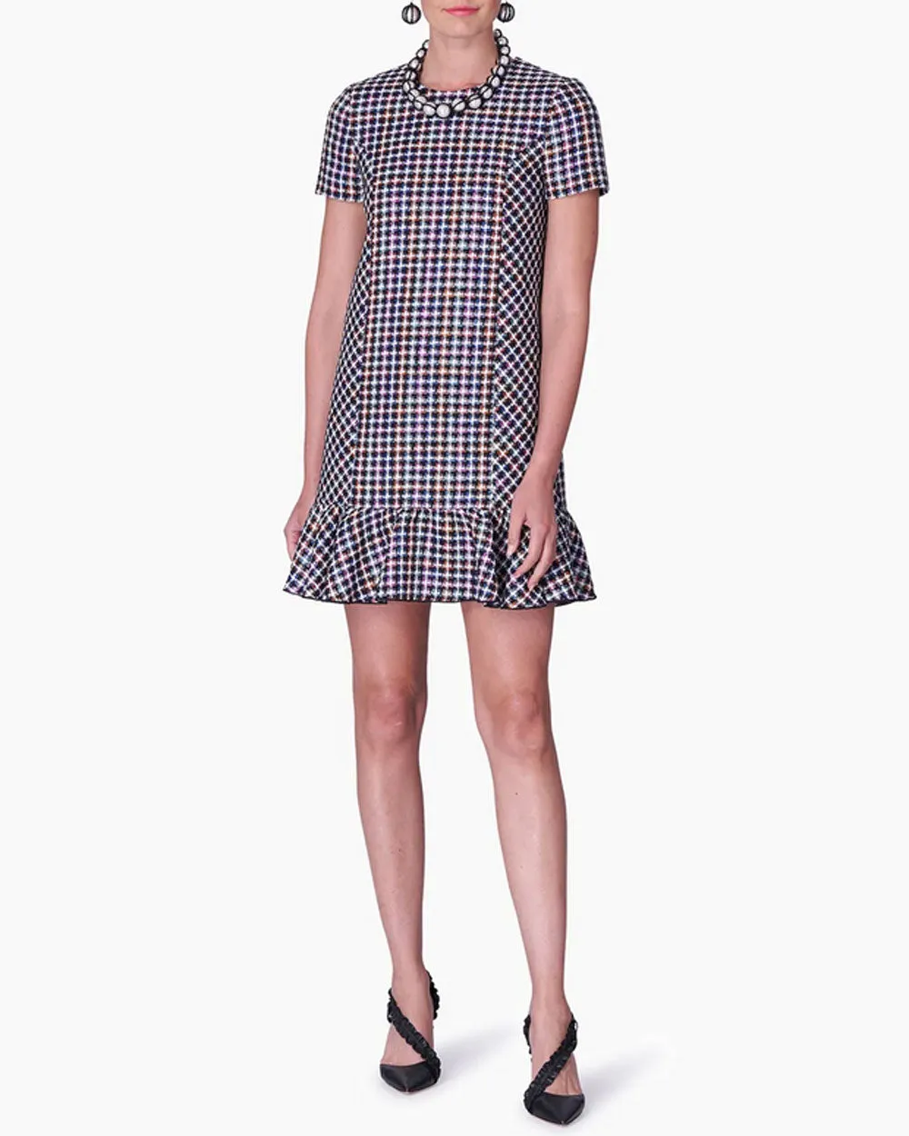 Multicolor Tweed Short Sleeve Shift Dress