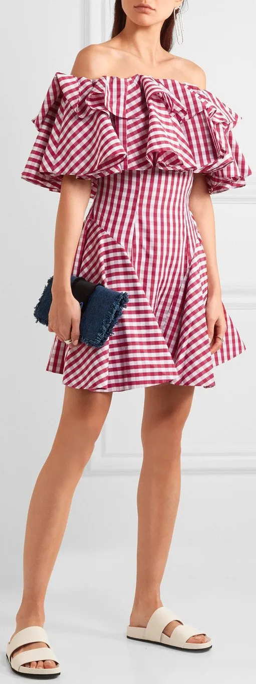 Off-the-Shoulder Gingham Dress