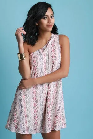 One Shoulder Geometric Print Shift Dress