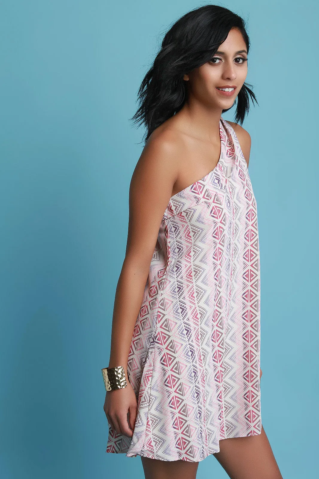 One Shoulder Geometric Print Shift Dress