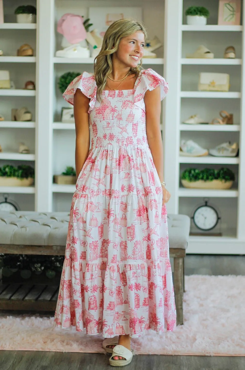 Pink Toile Smocked House Dress