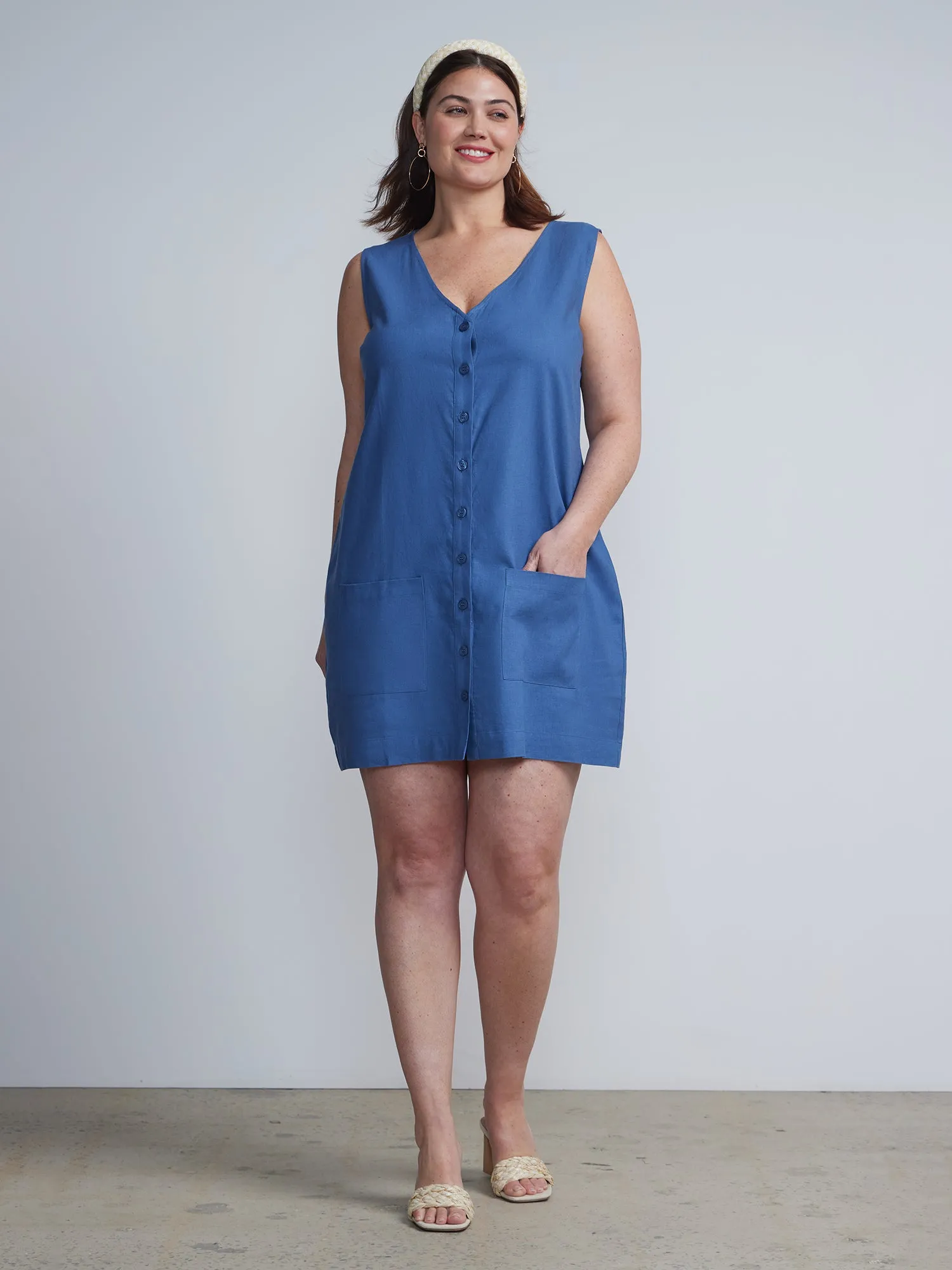 Plus Linen-Blend Button-Front Shift Dress