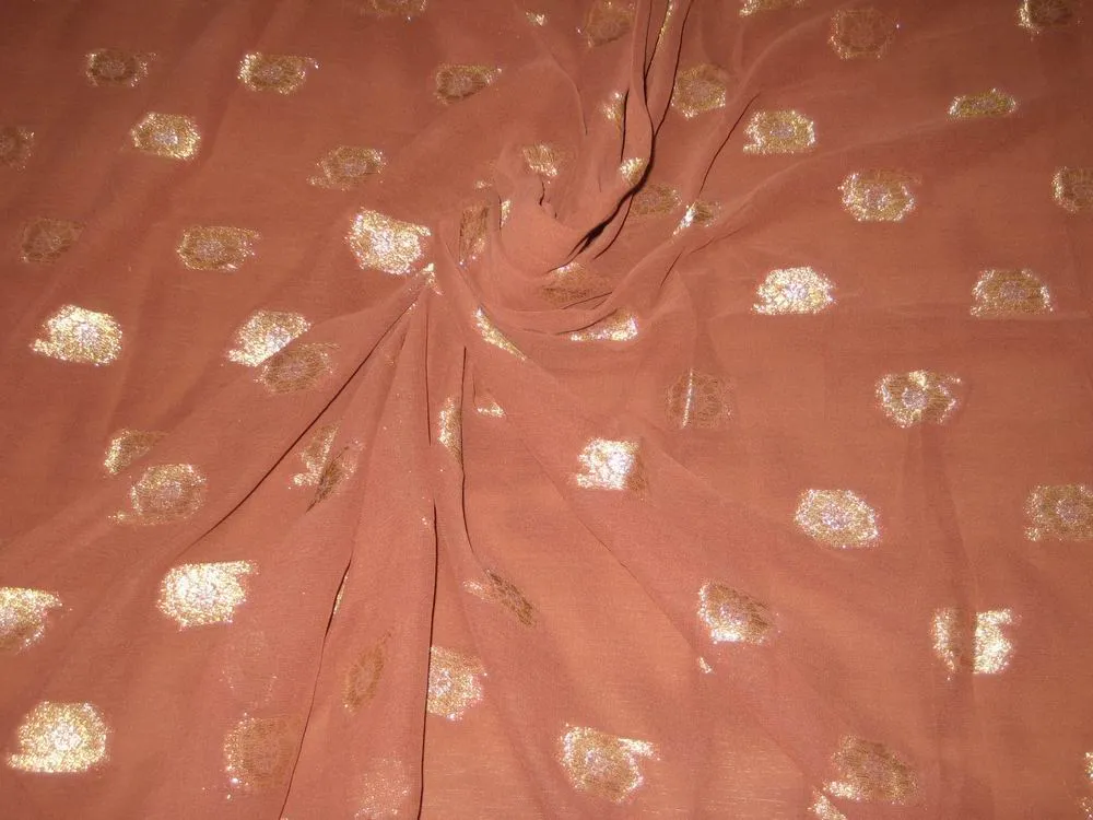 Polyester georgette fabric with metalic silver & gold jacquard~Chocolate Brown colour