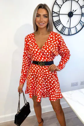 Red Heart Print Long Sleeve Wrap Skater Dress