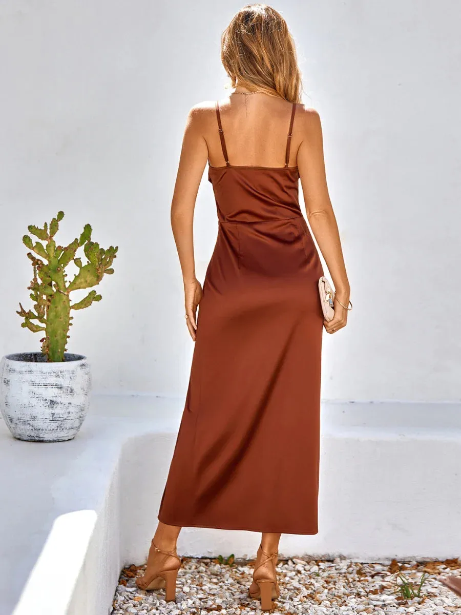 Ruched Cowl Neckline Maxi Wedding Guest Dresses With Slit