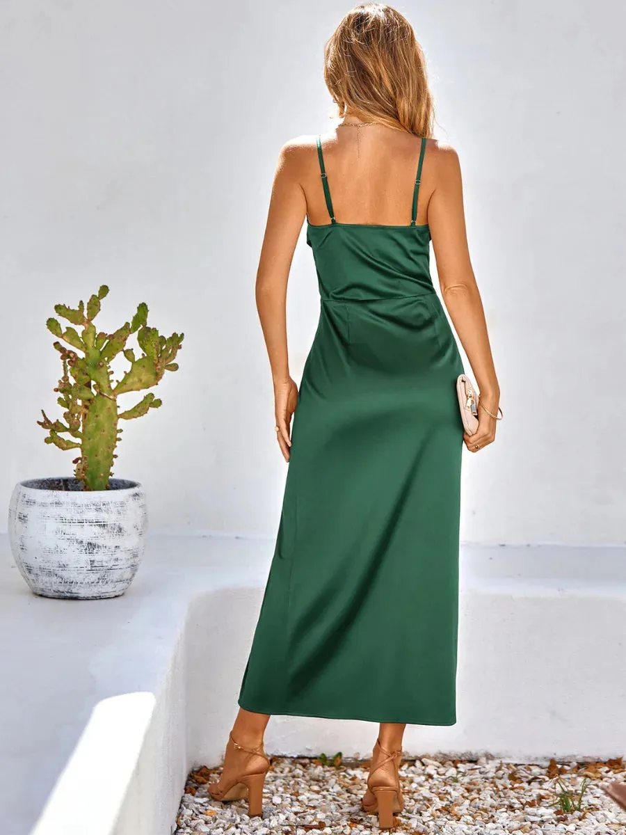 Ruched Cowl Neckline Maxi Wedding Guest Dresses With Slit